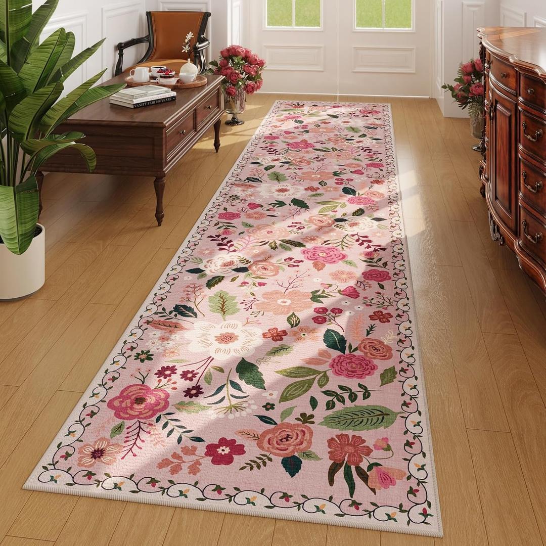 Rugcomf Runners for Hallways Kitchen Runner Rug Non Slip 2'x 10' Long Washable Rugs with Rubber Backing Soft Floral Carpet Runner for Hallways, Kitchen, Laundry, Bedroom, Bathroom (Pink)