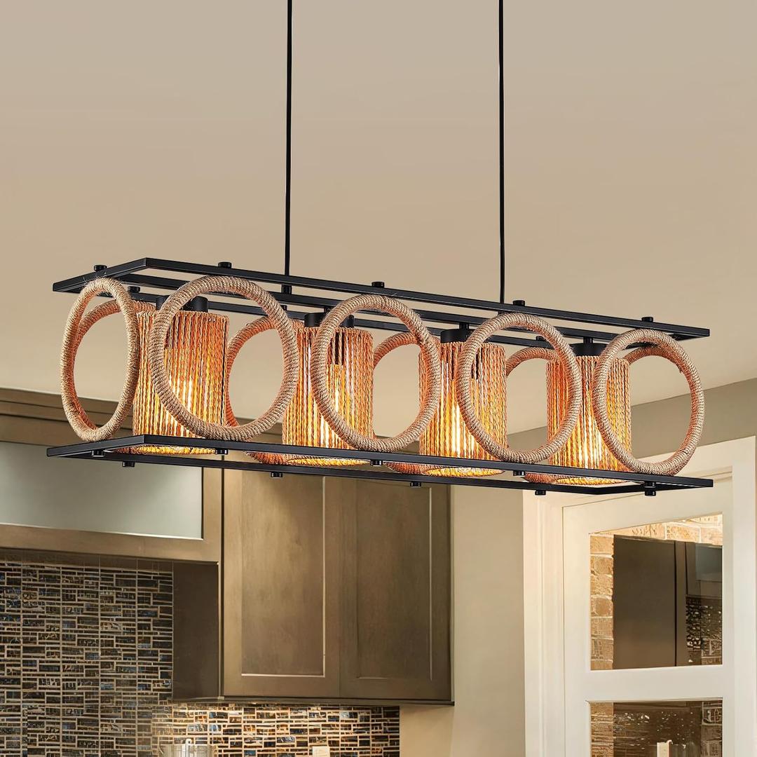 Rustic Rattan Farmhouse Chandelier,Black Dining Room Pendant Light, Adjustable Height Rectangular Ceiling Light Fixture, Handwoven Natural Island Light for Kitchen, Dining Table, Living Room