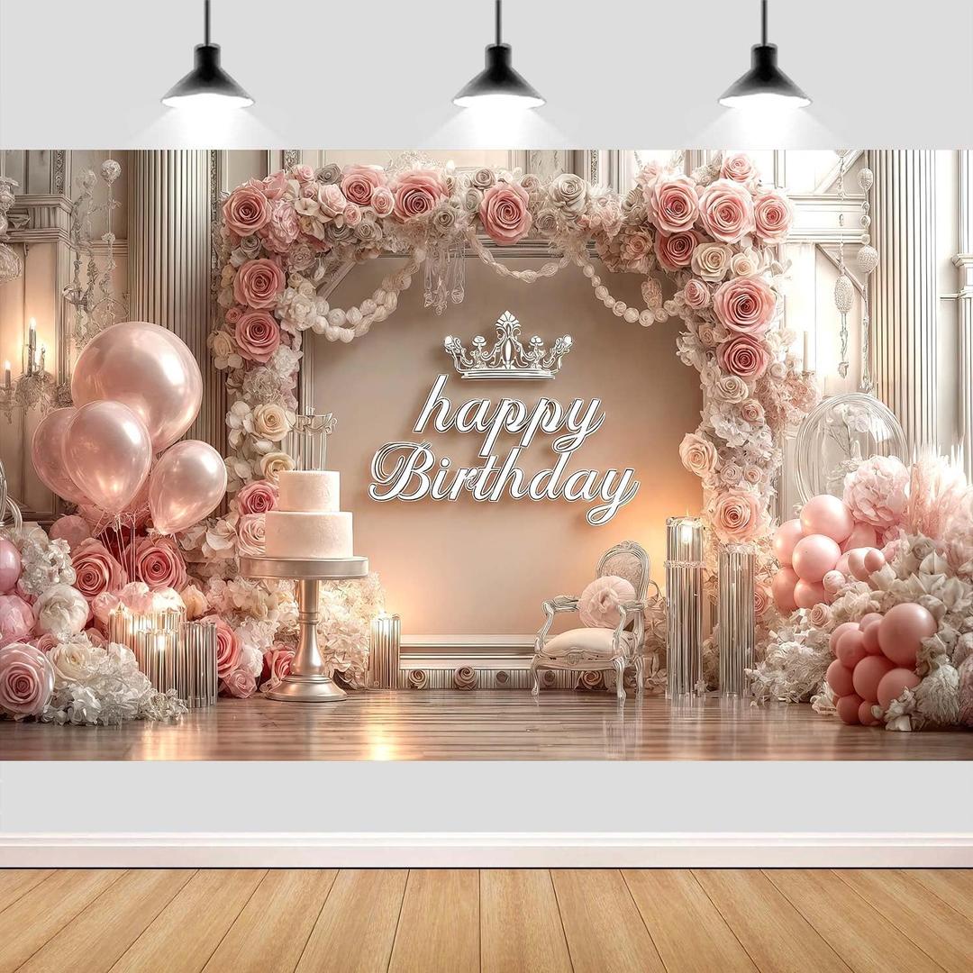 Pink Happy Birthday Backdrop, Elegant Princess Theme Party Decoration with Rose Gold Balloons & Crown, Photography Background Banner for Girls Women Birthday Party Photo Booth Props, 12ft x 10ft
