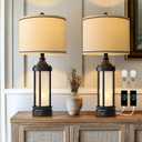 25'' Table Lamps for Bedroom Living Room Lamps Set of 2 Farmhouse Nightstand Bedside Lamps with USB Ports, Built-In Frosted Glass Night Light Industrial Metal Night Stand Lamp, Bulbs Included, Black