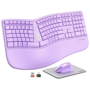 MEETION Ergonomic Wireless Keyboard and Mouse, Curved Keyboard with Vertical Mouse, Split Ergo Keyboard with Wrist Rest, Natural Typing Rechargeable Full Size, Windows/Mac/PC/Laptop, Purple