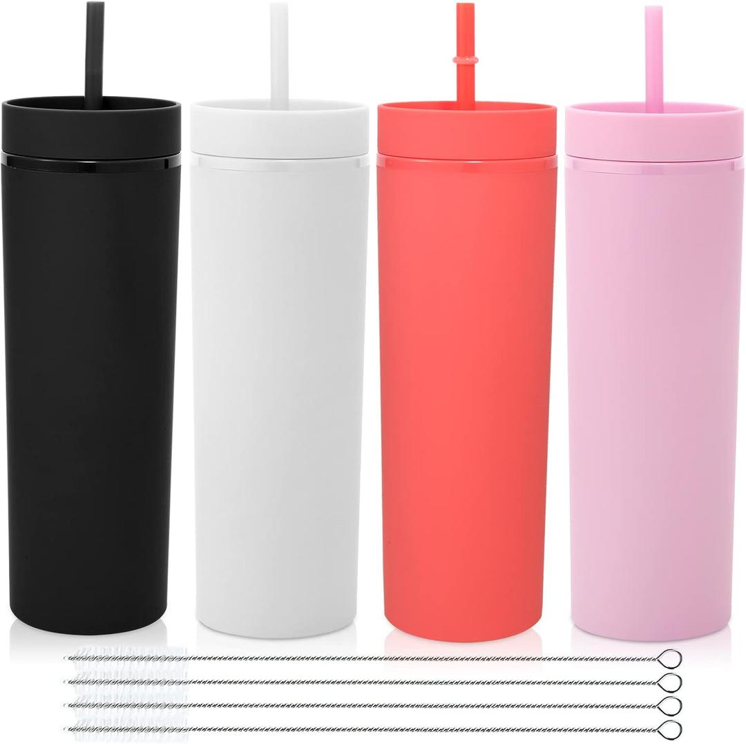 Volhoply 20oz Plastic Skinny Tumblers Bulk 4 Pack,Double Wall Tumbler with Lid and Straw,Reusable Travel Iced Coffee Mug,BPA Free Matte Acrylic Water Cups With Straw for Party,DIY Gifts(Mix, 4 Set) (Assort color)