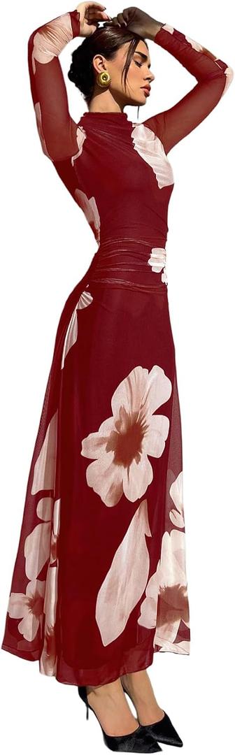 Verdusa Women's Floral Wedding Guest Dress Long Sleeve Mesh Maxi Dresses (Red, M)