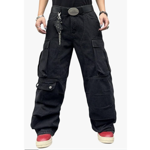 Mens Goth Baggy Cargo Jeans with Pockets Steampunk Patchwork Embroidery Wide Leg Denim Pants - Size Large