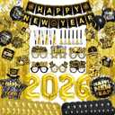 New Years Party Decorations 2026,Happy New Years Eve Supplies Black Gold New Year Banner,Hanging Swirls,Numbers 2026 Balloons,Gold Fringe Curtain,Glasses,Noisemakers,Balloons