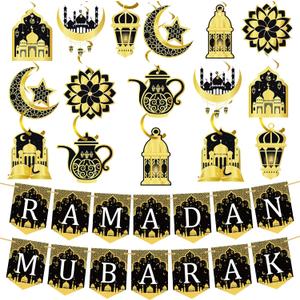 34 Pcs Ramadan Mubarak Banner Pre-Assembled Eid Mubarak Muslim Ramadan Decorations Hanging Swirls Garland Decor Party Favors Supplies for Home