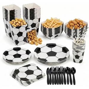 Soccer Party Supplies for 10 114 Pcs Set with Dinner & Dessert Plates, Cups, Napkins, Cutlery, Straws, Popcorn Boxes & Snack Trays | Disposable Sports Birthday Party Tableware