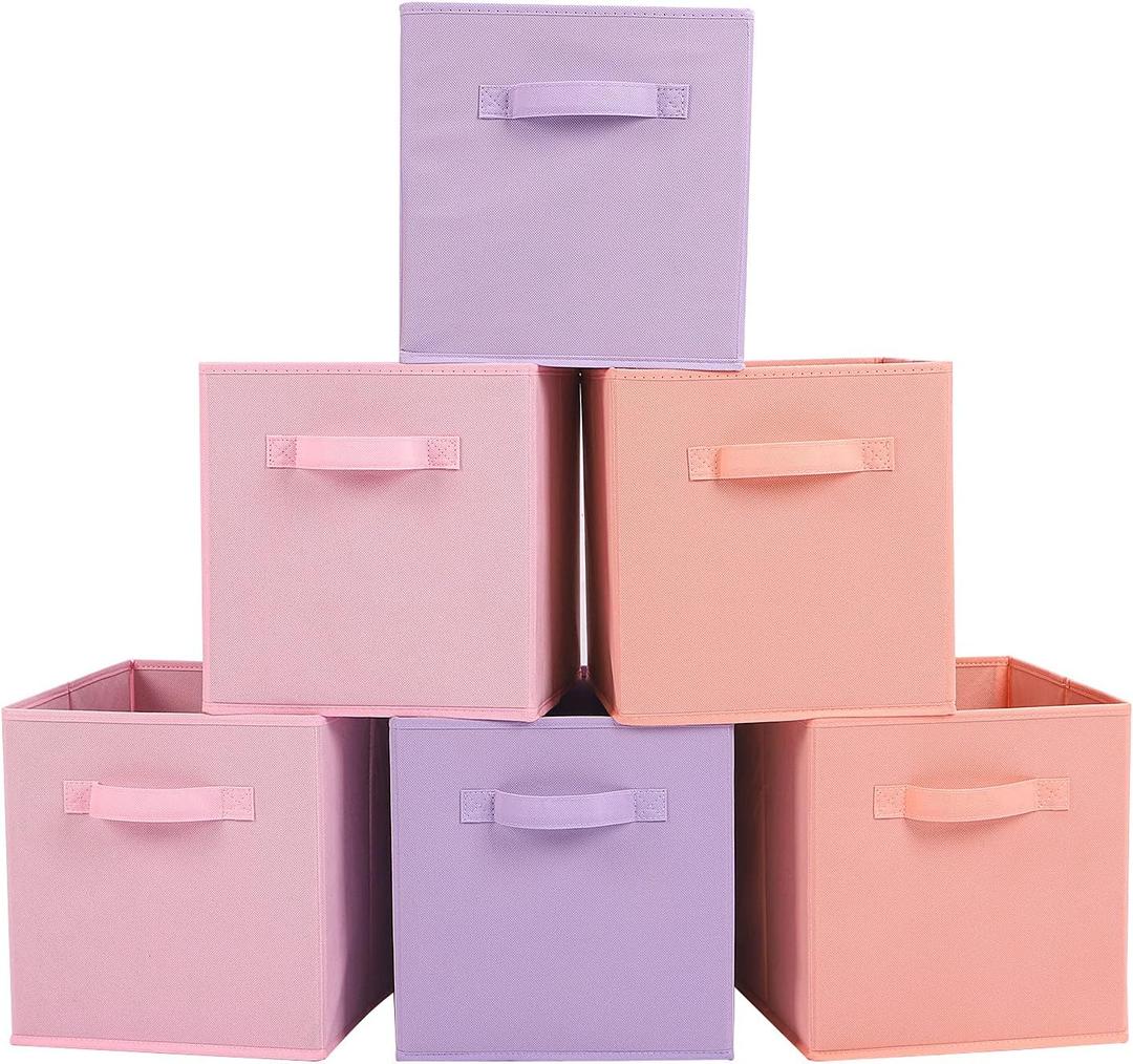 Stero 13x13x13 Inch Fabric Storage Bins 6 Pack Fun Colored Durable Storage Cubes with Handles Foldable Cube Baskets for Home, Kids Room, Closet and Toys Organization Purple, Pink, peach puff