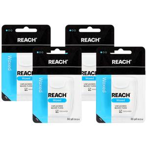 REACH Waxed Dental Floss,Unflavored, Plaque Remover for Teeth, Shred Resistant, Floss Slide Smoothly, Easy to Use, Waxed, Deep Cleaning Teeth, Oral Care, PFAS Free for Adults & Kids, 55 yd (Pack of 4)