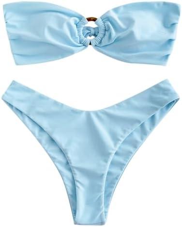 ZAFUL Women's Bandeau Bikini O Ring Strapless Tie Back High Cut Two Piece Swimsuit Bathing Suits M