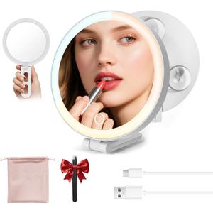 Travel Makeup Mirror with Lights, Lighted Magnifying Mirror 10X, 4-in-1 Portable for Handheld, Tabletop, Hanging and Wall Mount with Suction Cup and 3 Color Light, Ideal Gift for Women and Seniors