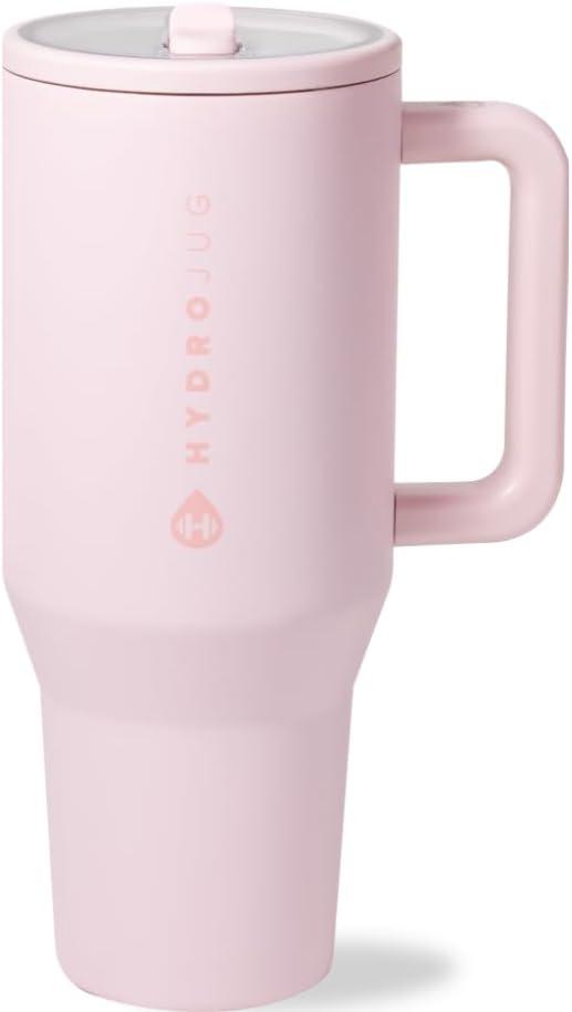HydroJug Traveler - 32 oz Water Bottle with Handle & Flip Straw - Fits in Cup Holder, Leak Resistant Tumbler-Reusable Insulated Stainless Steel & Rubber Base - Gifts for Women & Men, Pink Sand (32oz)