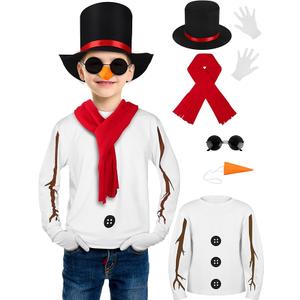 SOMSOC 8 Pack Snowman Costume kids Winter Frosty Costume Set with Hat Carrot Nose Glasses Scarf Gloves for Cosplay, Size 11-12 Years