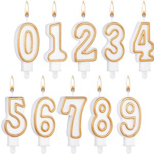 10 Pieces Cake Number Candles Birthday Numeral Candles Numbers 0-9 White Bougie with Golden Edges Cake Topper Bougie Decoration for Wedding Birthday Party Supply