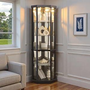 Trygoal Lighted 3-Side Glass Display Curio Cabinet, Corner China Cabinet with Tempered Glass Doors, Corner Curio Storage Rack for Bar and Liquor Storage, Black