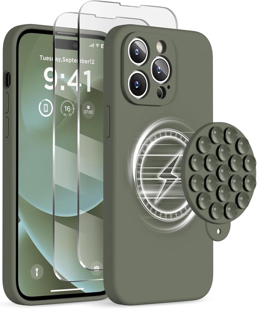 Magnetic for iPhone 14 Pro Max Case, Compatible with MagSafe, [Full Camera Protection][2 Screen Protectors], Suction Cup Phone Mount Silicone Shockproof Protective Phone Case 6.7", Olive Green