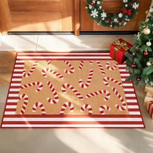 Whaline 2 Pcs Christmas Doormat Set Coir Floor Mat Red White Candy Cane Striped Non-Slip Front Door Rug for Xmas Indoor Outdoor Home Kitchen Bathroom Entrance Porch