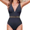 AI'MAGE One Piece Swimsuit Women 2025 Sexy Mesh Tummy Control Bathing Suits Swim Suit Deep V Neck Swimwear (Large, Dark Blue)