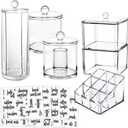 6-Pack Makeup Organizer Acrylic Plastic Containers. Bathroom Beauty Storage Set: 5 Canisters & 107 Printed Labels Organization