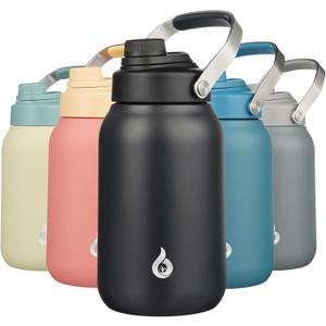BJPKPK Half Gallon Insulated Water Bottles, 64oz Water Jug with Metal Handle & BPA Free Spout Lid, Dishwasher Safe Flasks, Large Stainless Steel Gym Sport Jugs, Black