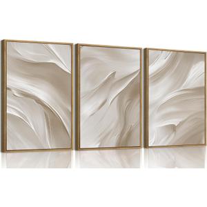myusuar 3 Piece Large Abstract Framed Wall Art For Living Room, Smoke Texture Ink Beige White Canvas Wall Art Modern Minimalist Art Prints Wall Décor For Bedroom Office 24x36in