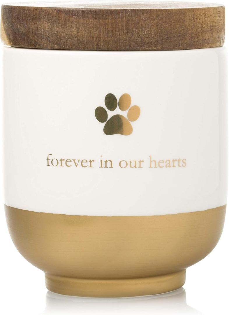 Pearhead Pet Ceramic Forever in Our Hearts Urn, Pet Memorial, Dog Or Cat Keepsake Urn, Rainbow Bridge, Gold (Gold My Heart Urn)