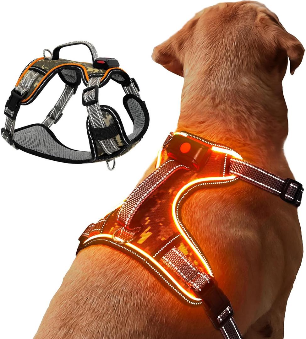 BiPawTi LED Light Up Dog Harness for Safety Night Walking, Glow in The Dark Soft Mesh Dogs Vest Lighted USB Rechargeable - Reflective Harness for Dogs, Illuminated No Pull Dog Vest (Orange, XL)