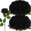 Roses Artificial Flowers, Black Flowers with Stem Valentine Anniversary Sympathy Memorial Gift, Fake Silk Roses Indoor Outdoor Decor for Funeral Wedding Birthday Party Christmas Halloween(24, Black)