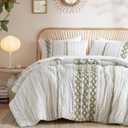 Ink+Ivy Queen Comforter Set, Boho Comforters, Breathable Cotton Bed Set, All Season Modern Chenille Tufted Comforter with Farmhouse Bedding Flare, Gifts for Woman, Sage/Ivory 3 Piece, Full/Queen