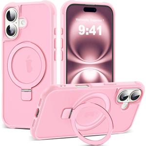 Compatible with iPhone 16 Case with Invisible Magnetic O-Ring Stand Military-Grade Translucent Case for iPhone 16 6.1" [Compatible with Mag-Safe][Great Grip Feeling], Pink