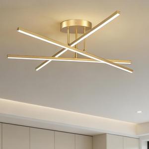 22 Inch Modern Gold Linear Geometric LED Semi Flush Mount Ceiling Light,24W 6000K Ceiling Chandelier Light Fixture for Dining Room Living Room Bedroom Hallway Entryway