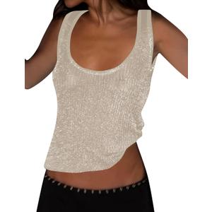 Women Sexy Fishnet Knit Glittering Scoop Neck Crop Tank Going Out Top Sheer Mesh Solid Slim Cropped Vest Cami Tops, Apricot Small