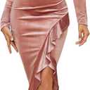 NASHALYLY Elegant Velvet Dress for Women,Sexy Long Sleeve Bodycon Mermaid Dress Ruched Cocktail Party Wedding Square Neck (Pink)