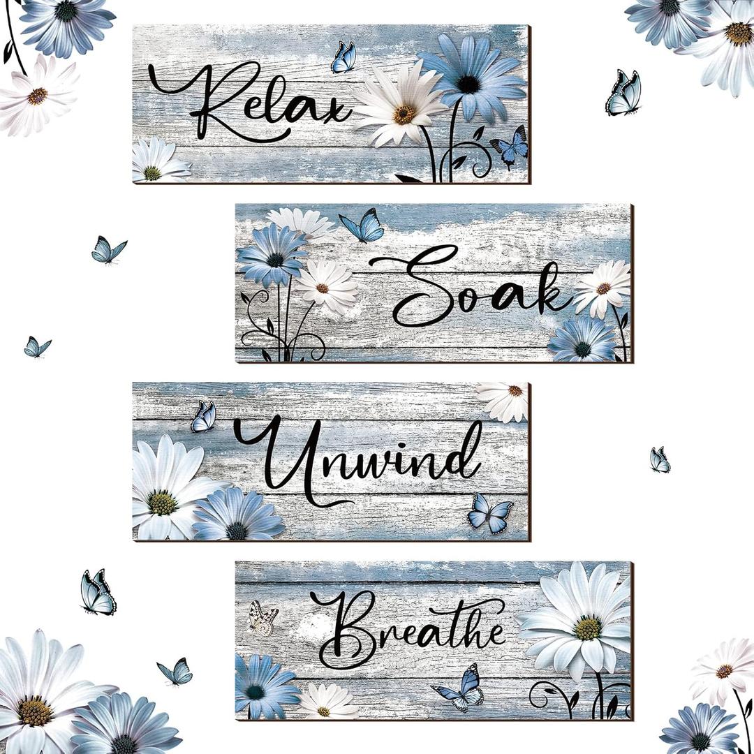 Sunnyray 4 Pcs Farmhouse Bathroom Wall Decor Sign Spring Daisy Tulip Flowers and Butterfly Bathroom Wall Art Relax Soak Unwind Breathe Rustic Wood Plaque Decor(10 x 4 Inch,Blue)