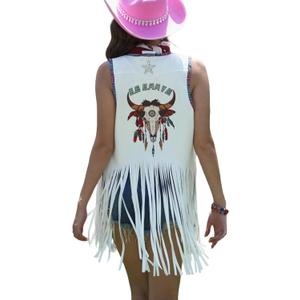Women Tassel Sleeveless Rhinestone Cowgirl Vest 70s Hippie Faux Suede Fringe Jacket (Bull-white), XL