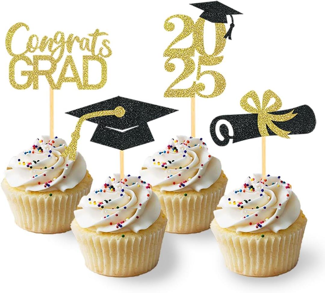 24Pcs Graduation Cupcake Toppers, Graduation Cupcake Picks for Cupcake Food Decorations - Class of 2025 Cupcake Toppers Supplies (Gold) (Yellow)
