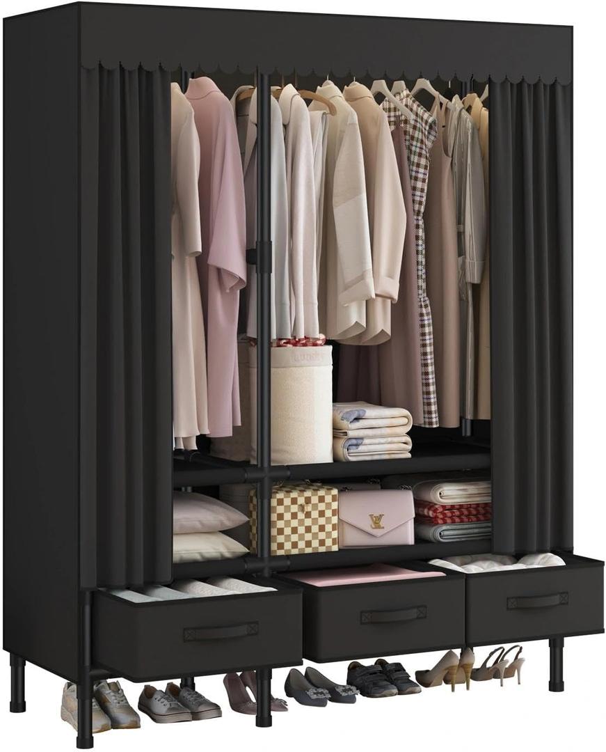 Portable Closets for Hanging Clothes,Clothes Rack with Cover,Portable Wardrobe Closet with 1 Hanging Rods, 2 Storage Shelves and 3 Drawers,43.3" L x 17.7" W x 67.7" H, Black