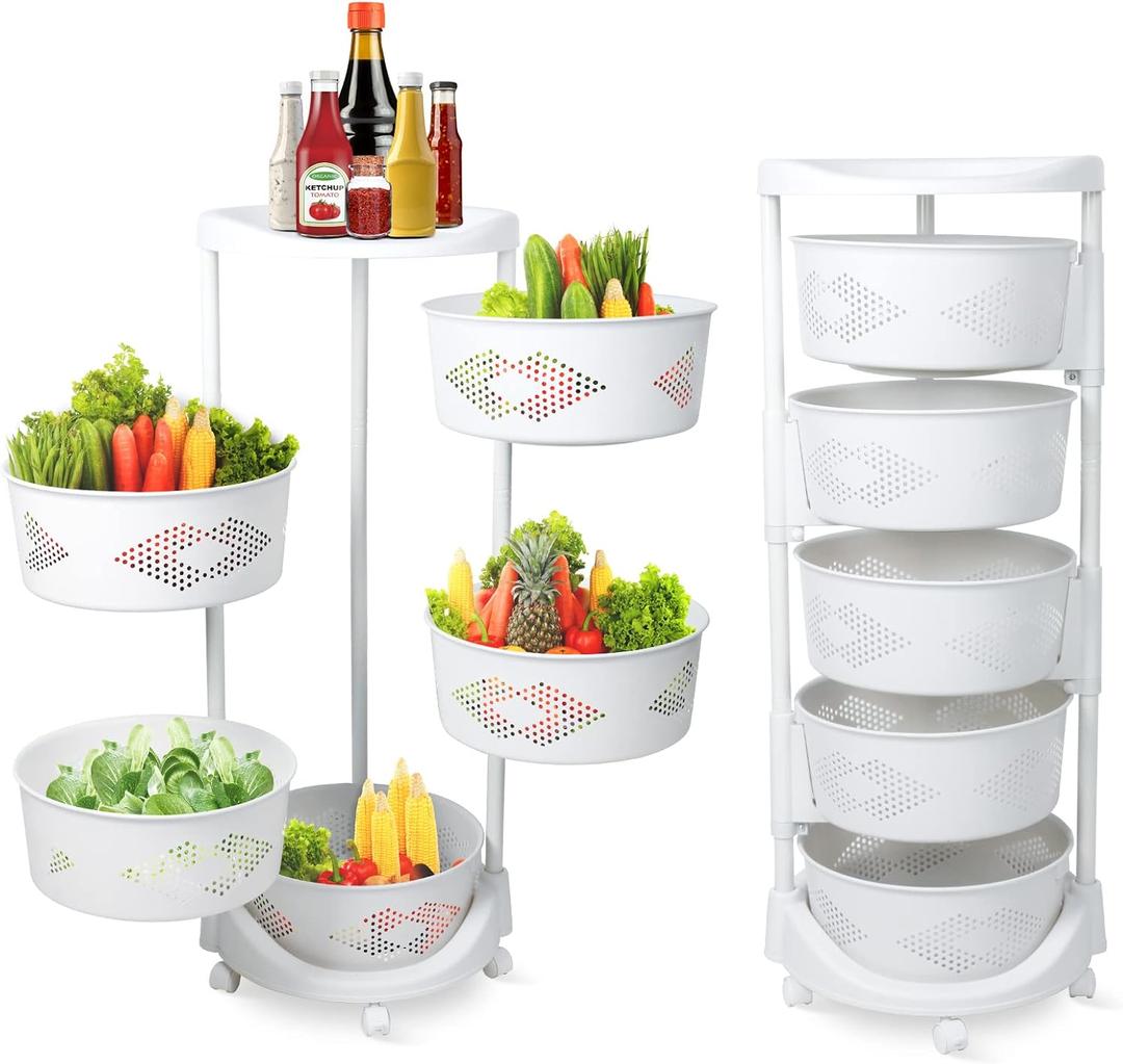 5 Tier Rolling Kitchen Round Rotating Storage Rack, Fruit and Vegetable Storage Basket Cart for Kitchen, Living Room, Bedroom, Bathroom, White