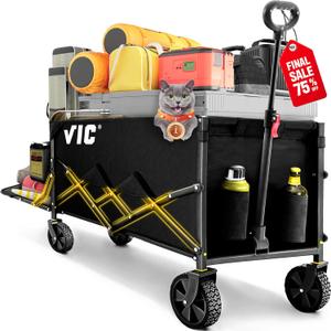 VIC Collapsible Folding Wagon Extra Long Extender Wagon Cart,Beach Wagons Cart Heavy Duty Foldable, Utility Grocery Car with Side Pocket for Camping Garden Sports, V1