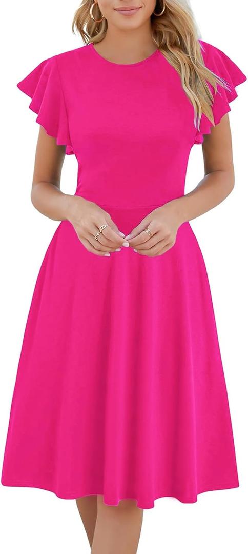 HELYO Women's Semi-Formal Ruffle Sleeves V-Back Work Fit and Flare Cocktail Wedding Guest Dress with Pockets 842 (Large)