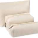 3 Pcs Makeup Bag Set for Women Corduroy Cosmetic Pouch Aesthetic Smile Travel Toiletry Bag Cute Purse Pouch Pencil Case Makeup Brushes Storage Organizer with Zipper(White,Solid Style)