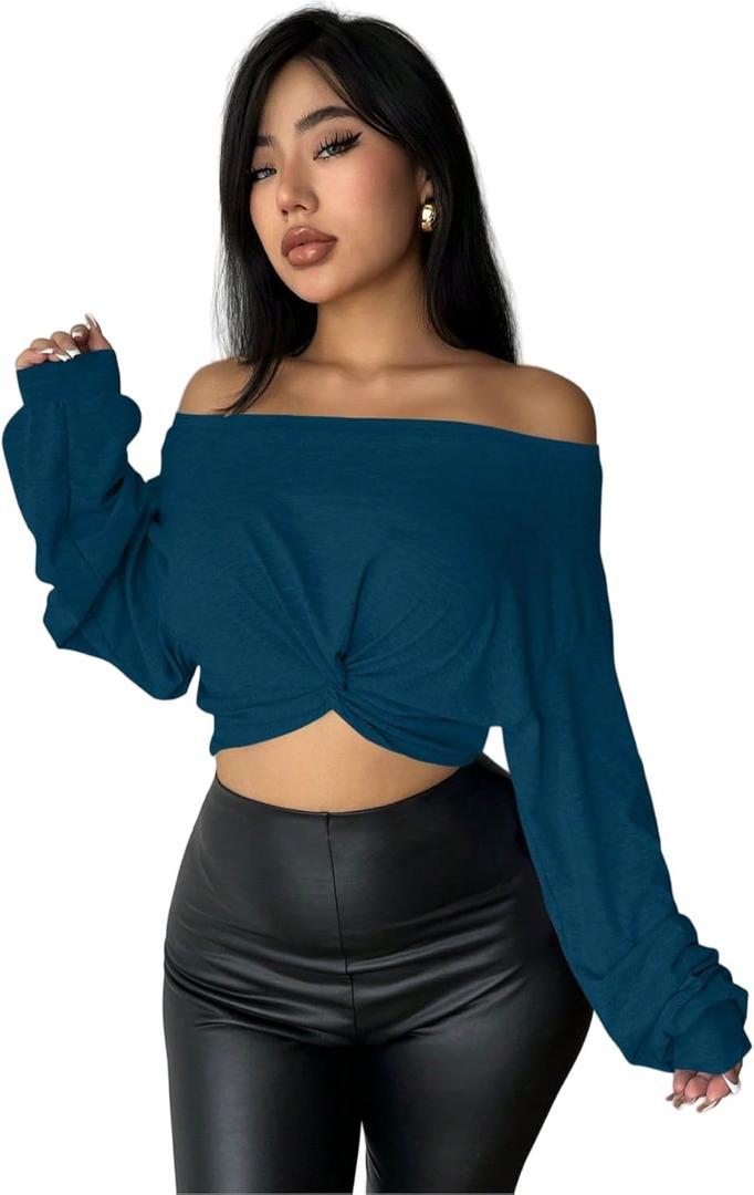 SISKIN Women's Off The Shoulder Tops, Long Sleeve, Modern, Loose Fit, All Seasons, Solid, Crop Top (Large, Blue)