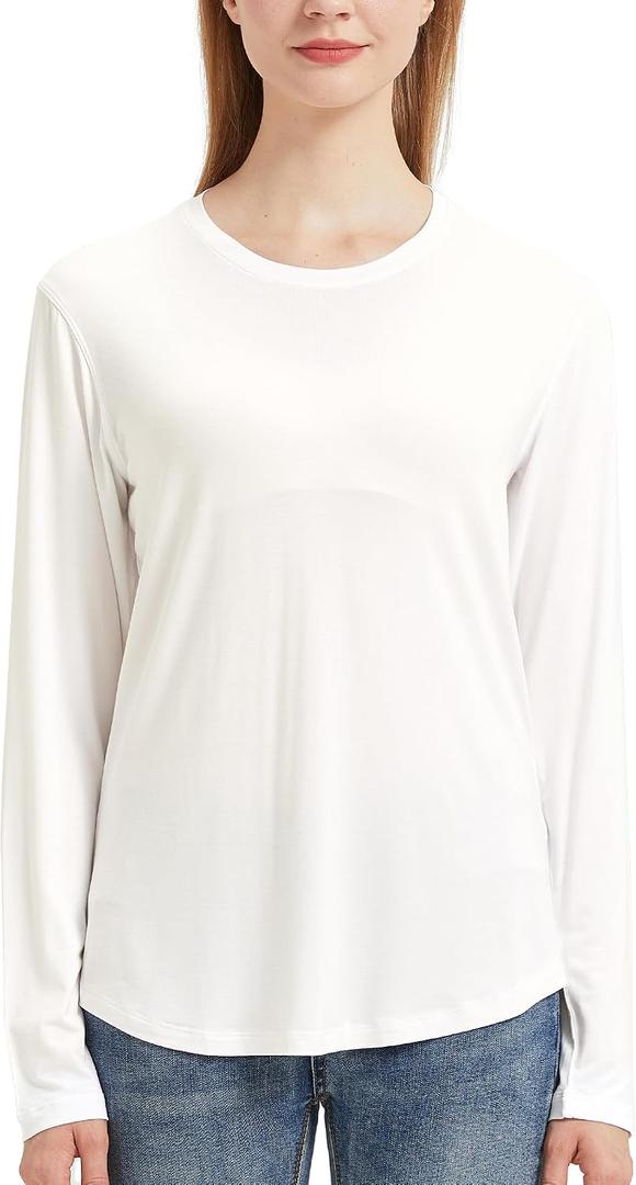 netdraw Women's Lightweight Bamboo Viscose T-Shirt Buttery Soft Curved Hem Long Sleeve Sleep Lounge Pajama Tops (White, S)
