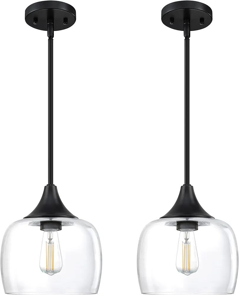 Doraimi Lighting 2 Pack 1 Light Semi Flush Mount Ceiling Light Pendant Light Fixture,Modern Handblown 7.3" Clear Glass Shade Classic for Black Finish Farmhouse Entryway Dining Room Kitchen Island