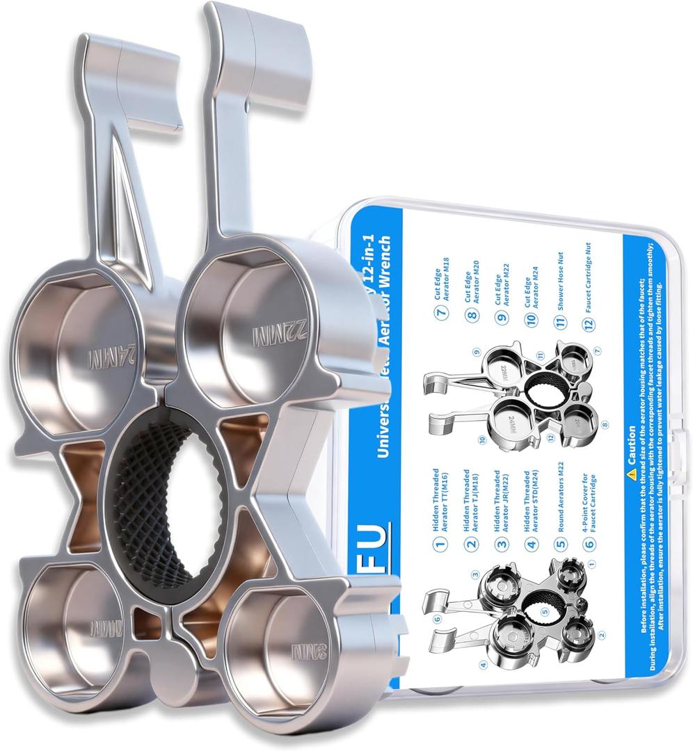 12-in-1 Universal Metal Aerator Wrench Key, Heavy-Duty Faucet Aerator Removal Tool for Sink Hidden/Threaded (TJ/TT/JR/STD) & Cut Edge/Round (M18/M20/M22/M24) Aerators, Polished Chrome Rustproof