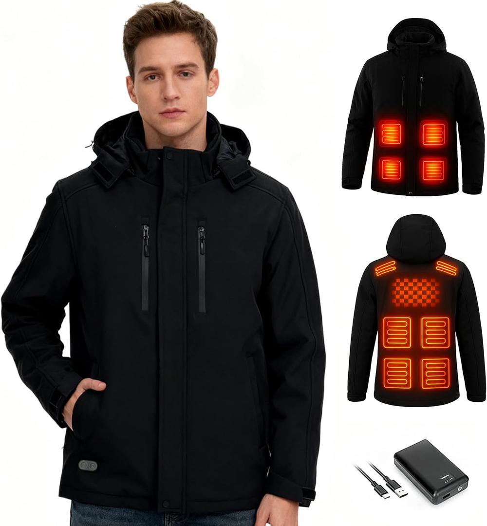 Heated Jacket for Men, Winter Outdoor Soft Shell Mens Heating Coat with Rechargeable Pack (Large)