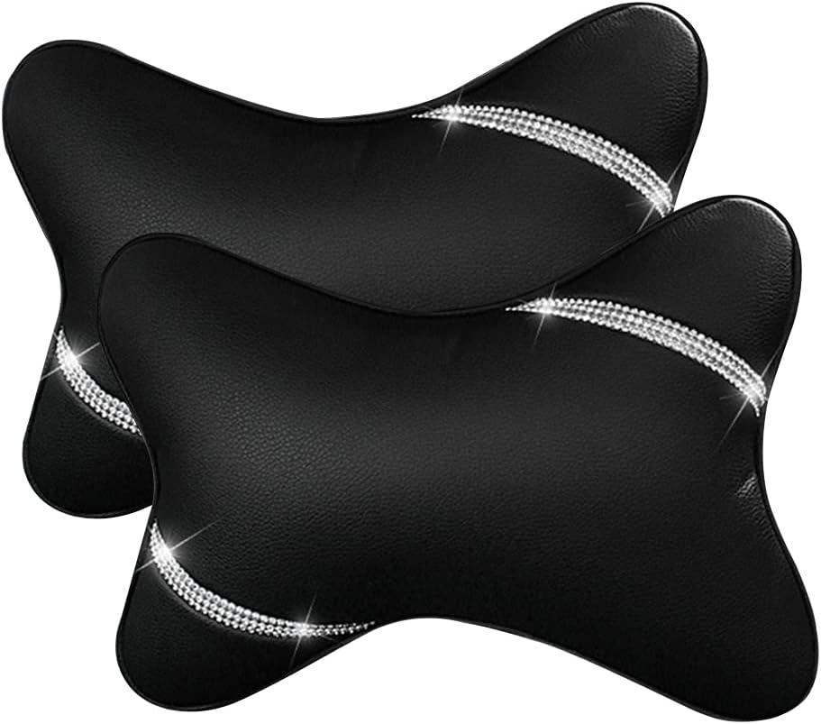 VVHOOY Car Neck Pillows Diamond Seat Auto Headrest Cushion Head Rest Neck 2 Pack Headrest Fit for Most Cars Universal Car Pillow Support Relax Crystal Rhinestone Pu Leather Bling Interior(Black)