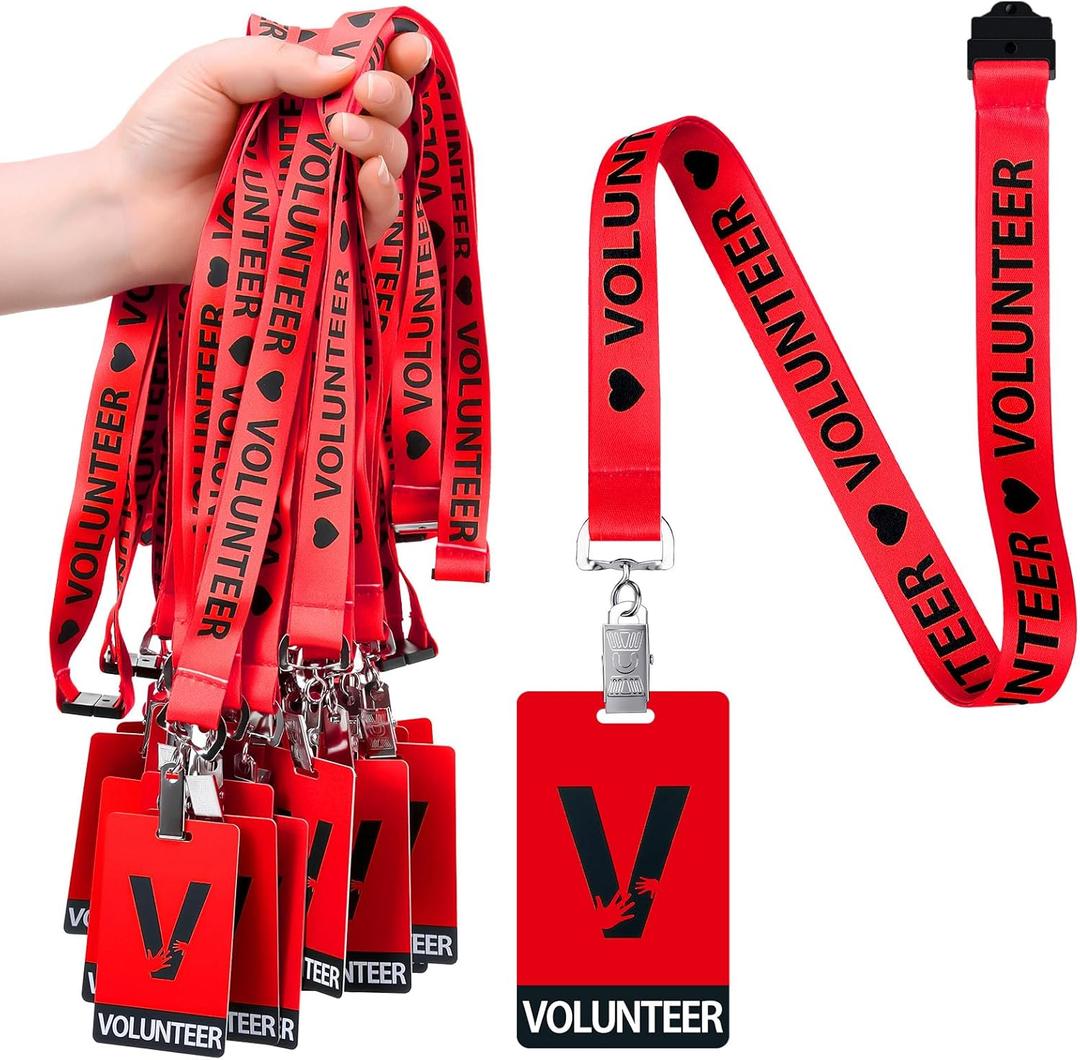 Colarr 25 Pack Volunteer Lanyard with PVC Plastic Card Pass Volunteer Identification ID Badges Bulk Breakaway Lanyard for Activity, Fundraising, Church, School, Events(Red)