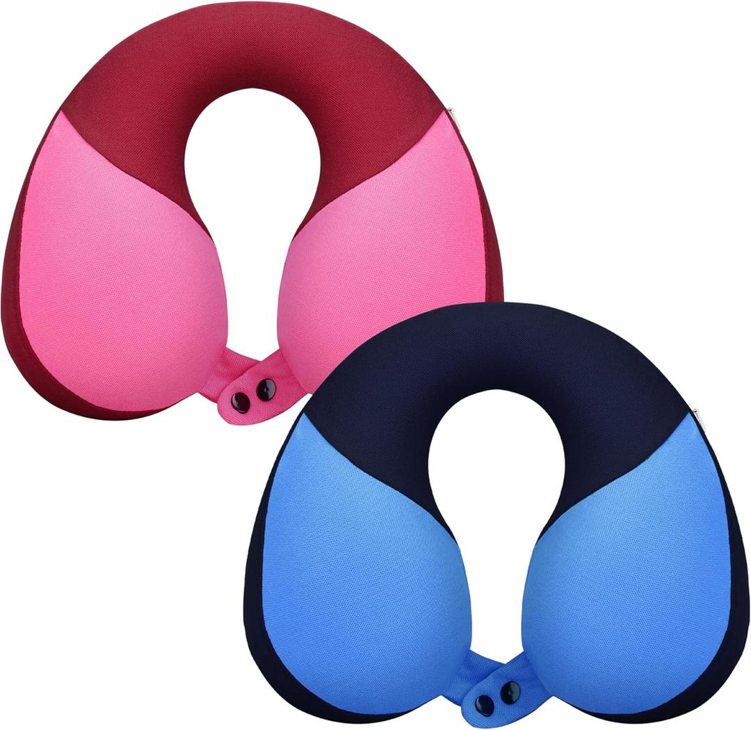 COOLBEBE Kids Travel Neck Pillow 2PCS Softly Double Support Neck Pillow for Car & Airplane, Traveling Gifts for Toddler & Children(Blue & Pink)