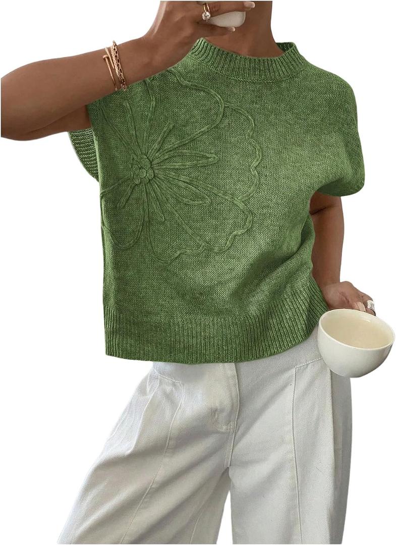 SOLY HUX Women's Short Sleeve Sweater 3D Floral Sweaters Pullover Tank Tops Knit Vest Trendy Fashion Clothing Army Green Small